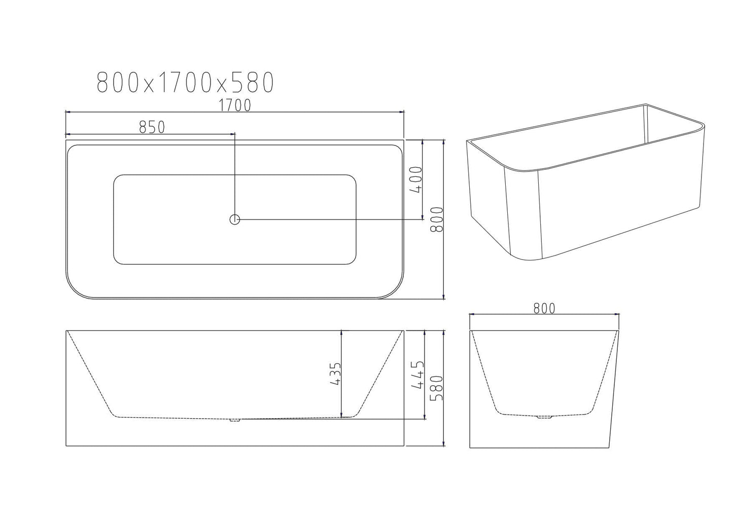 Bullion Ultra-Thin Back-to-Wall Bathtub - Gloss White 1500mm, 1700mm