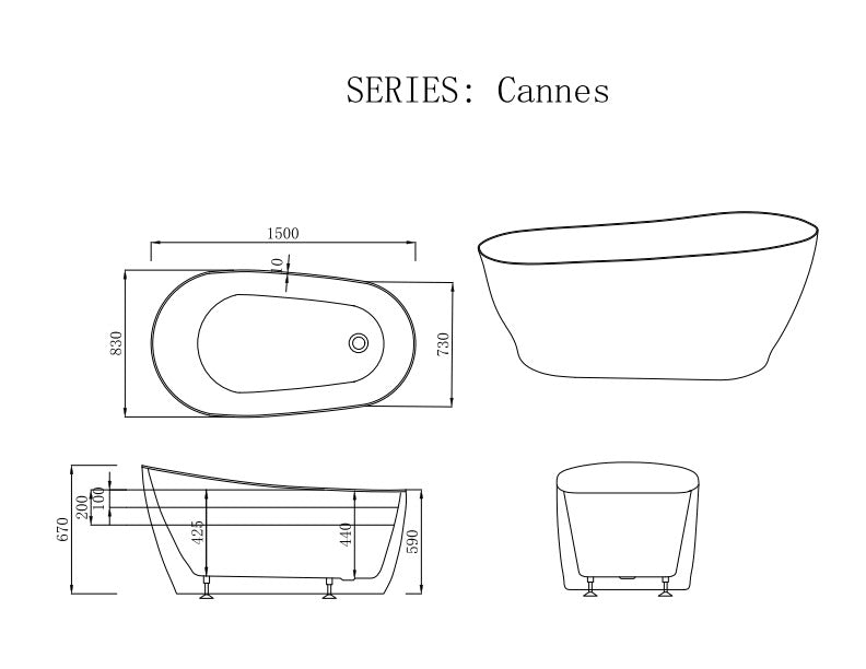 Cannes Freestanding Bathtub - Matt White 1500mm x 590mm