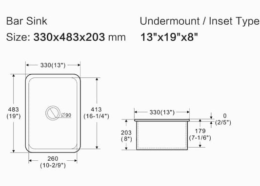 Elba Fine Fireclay Bar Sink - 330mm x 483mm x 203mm