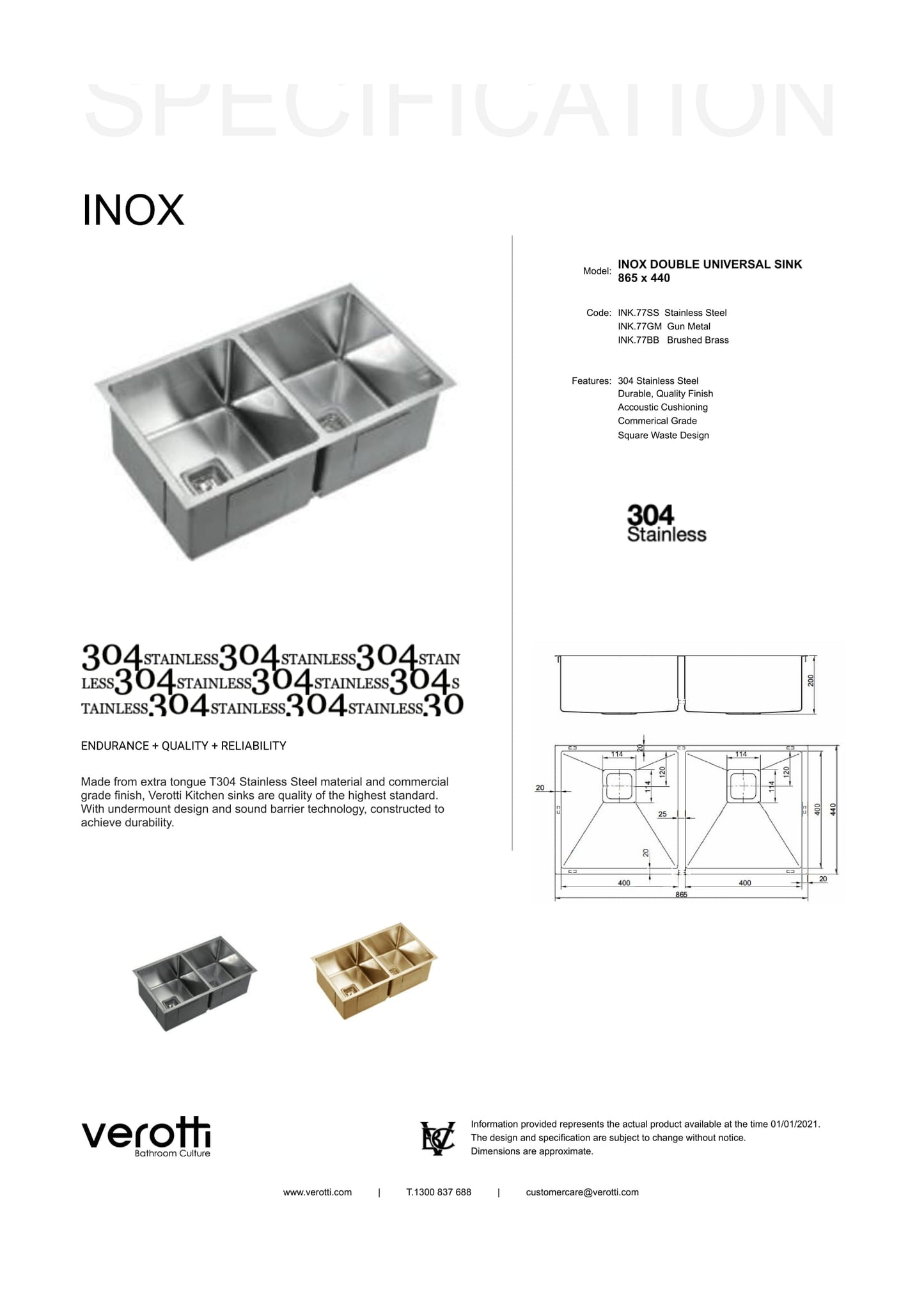 INOX DOUBLE UNIVERSAL SINK 865 x 440