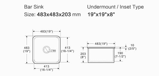 Elba Fine Fireclay Bar Sink 483mm x 483mm x 203mm