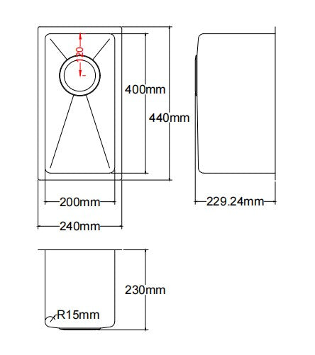 Kliff Hand Made Stainless Steel Sinks - 200mm x 440mm x 230mm
