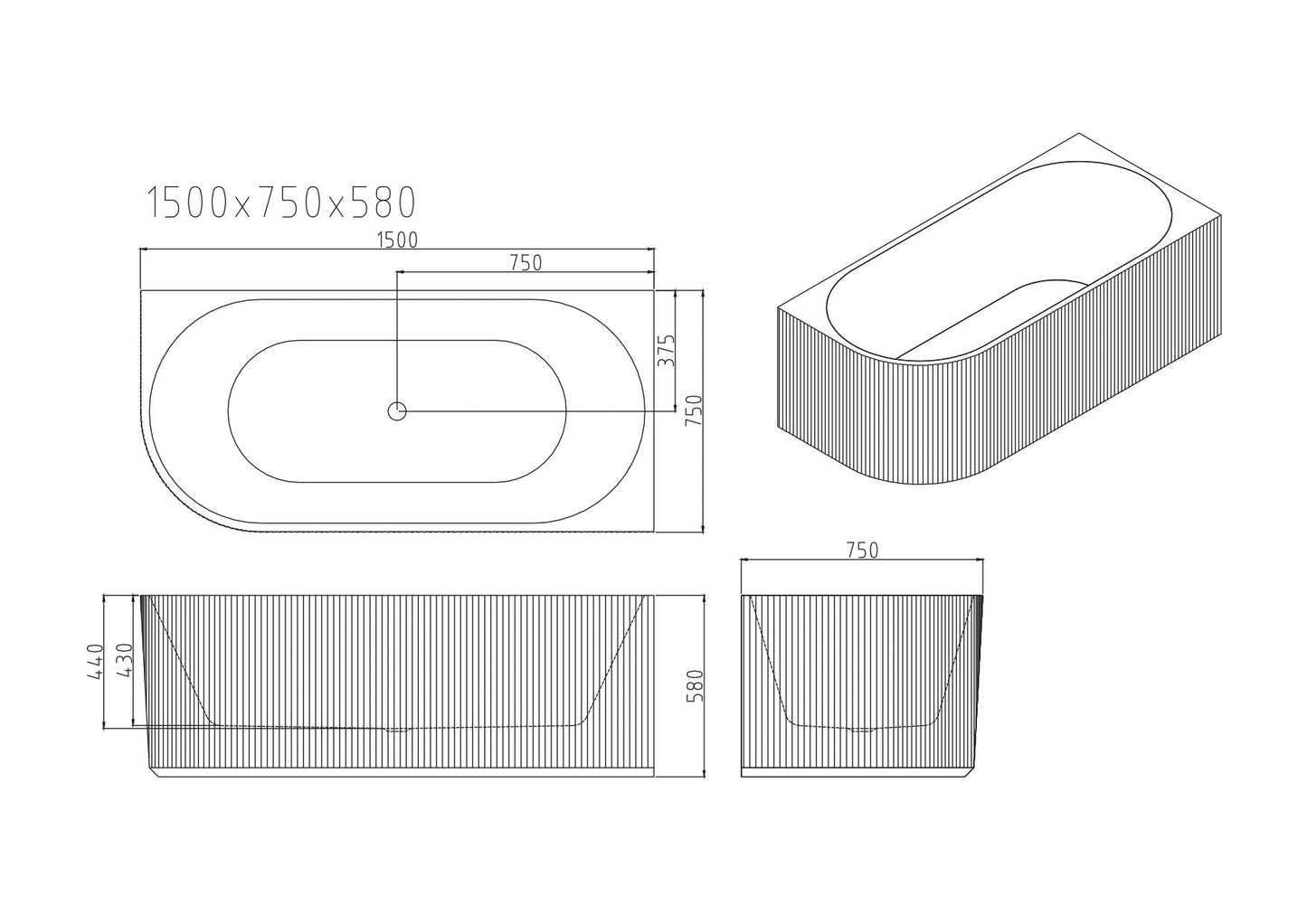 Rose V-Groove Corner Bathtub - Matt White 1500mm, 1700mm
