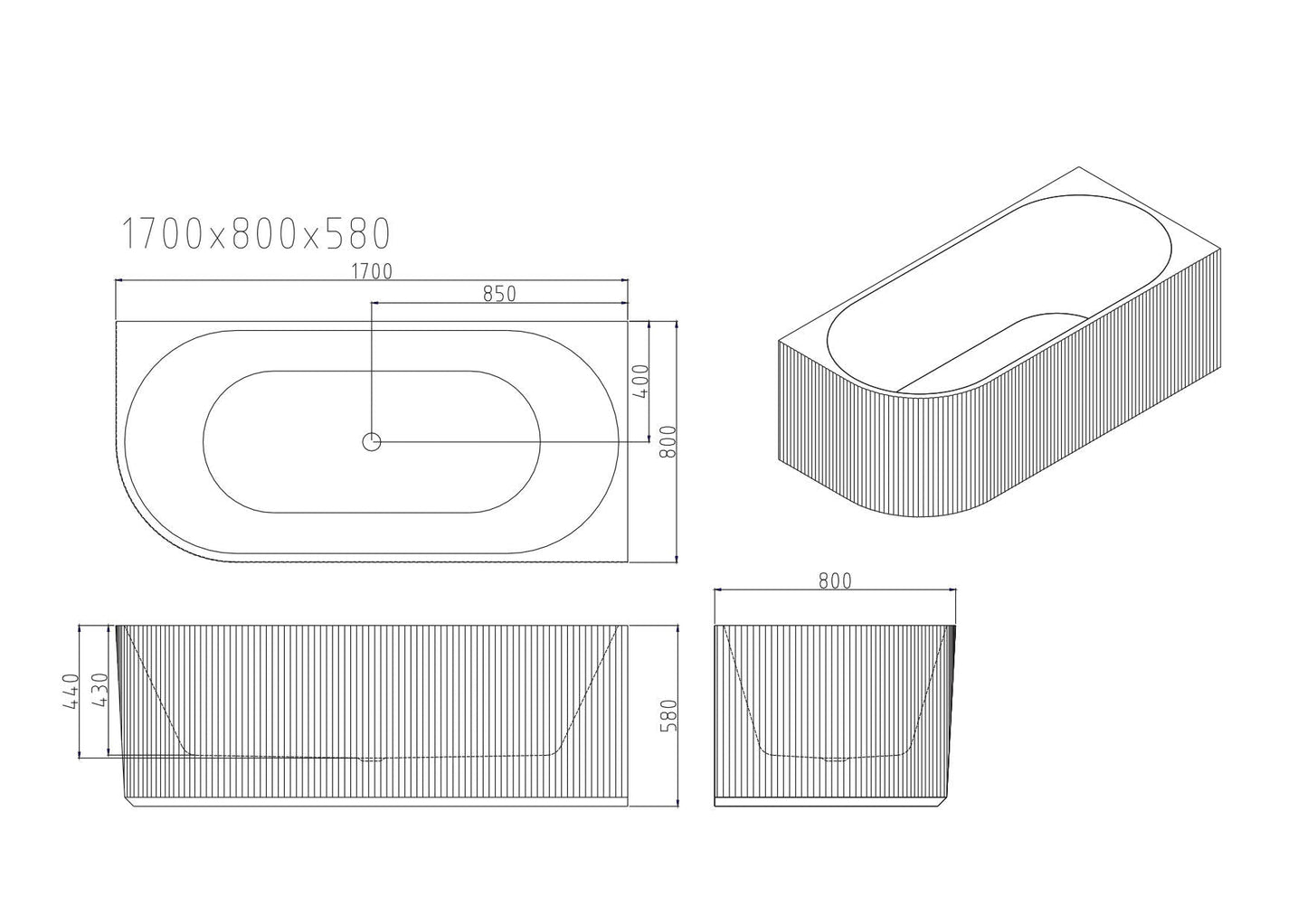 Rose V-Groove Corner Bathtub - Matt White 1500mm, 1700mm