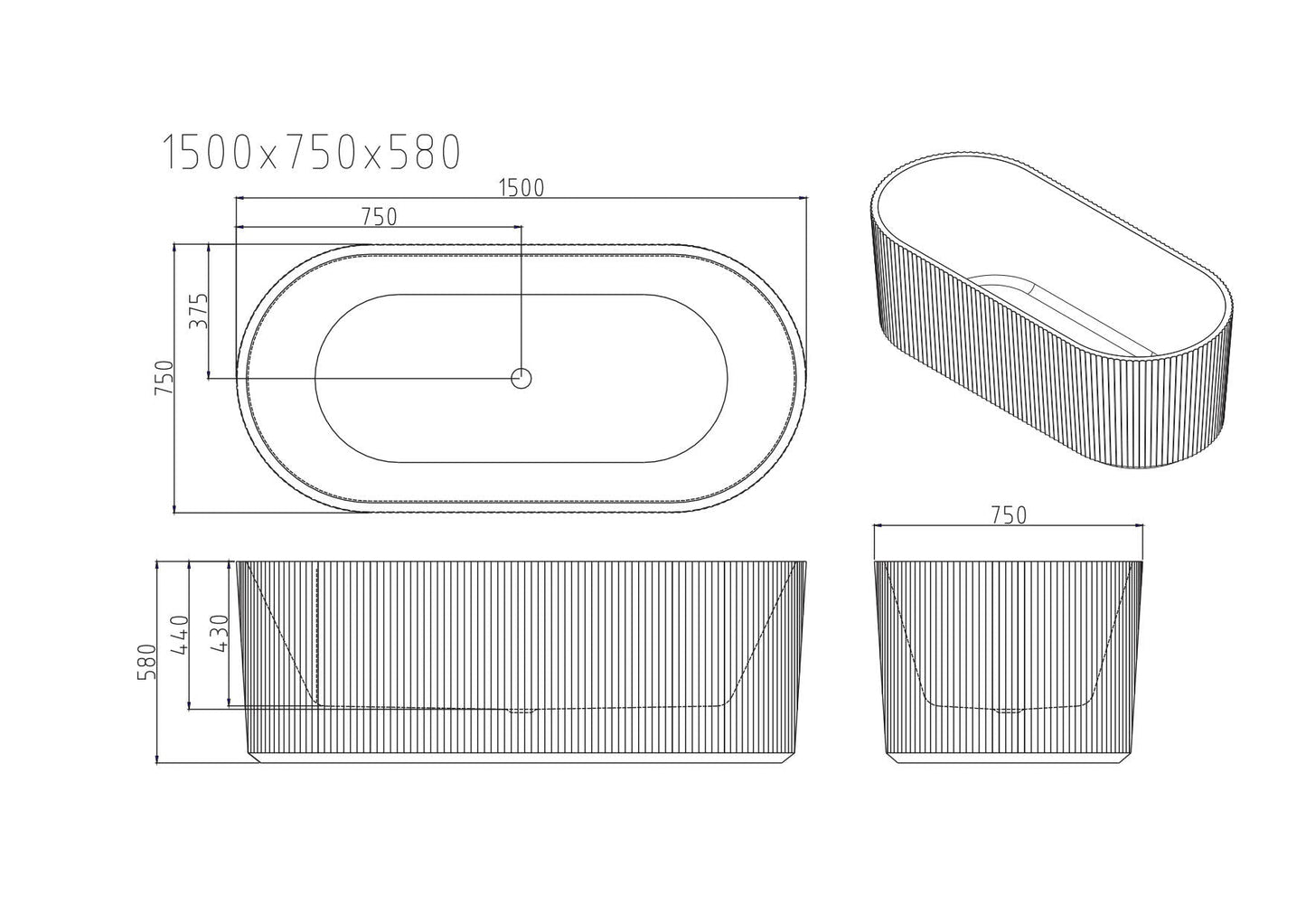 Rose Fluted V-Groove Freestanding Bathtub - Matt White 1500mm, 1700mm