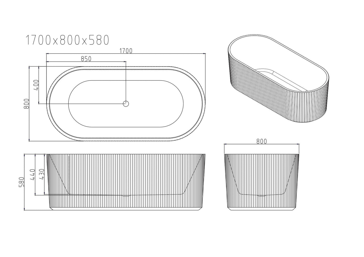 Rose Fluted V-Groove Freestanding Bathtub - Matt White 1500mm, 1700mm