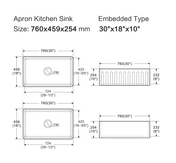 Rocca Fine Fireclay Farm House Buttler Sink 760mm x 459mm x 254mm
