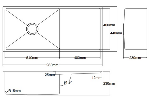Kliff Hand Made Stainless Steel Sink - 980mm x 440mm x 230mm