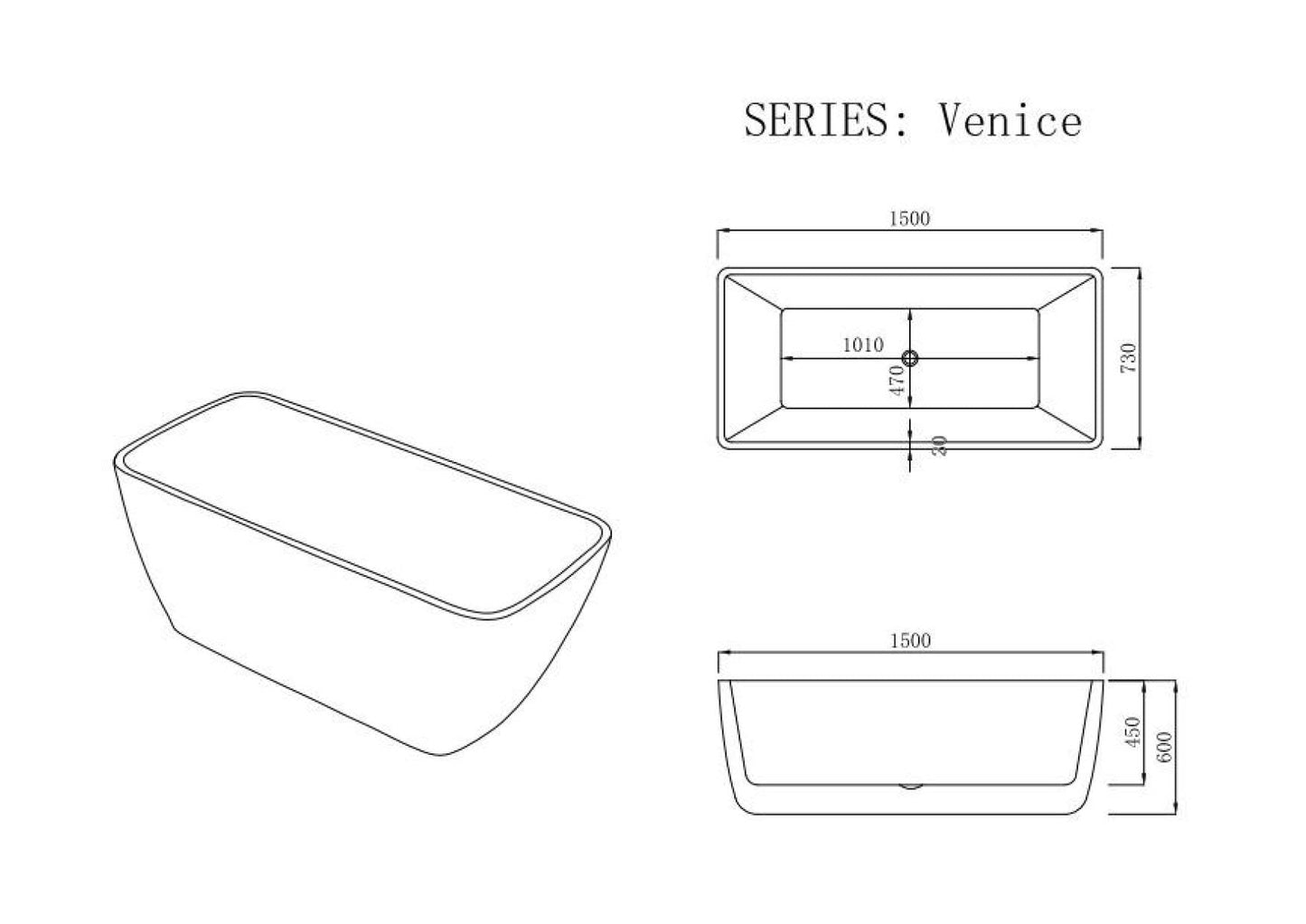 Venice Freestanding Bathtub - Gloss White 1500mm x 750mm x 590mm