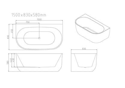 Anna Back-To-Wall Bathtub – Gloss White 1500mm, 1700mm