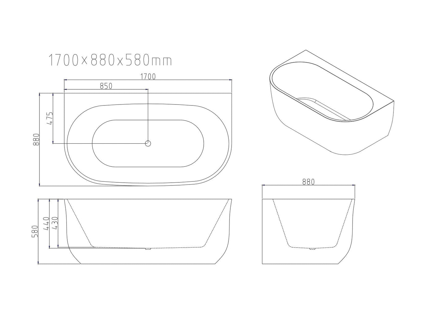 Anna Back-To-Wall Bathtub – Gloss White 1500mm, 1700mm
