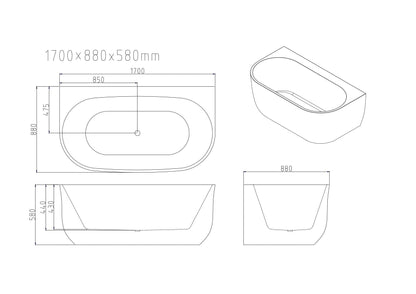 Anna Back-To-Wall Bathtub – Gloss White 1500mm, 1700mm
