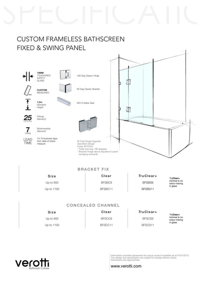 Custom Frameless Bathscreen Fixed & Swing Panel