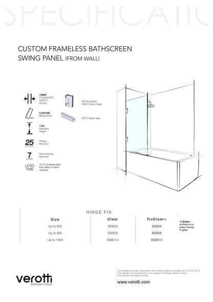 Custom Frameless Bathscreen Fixed Panel