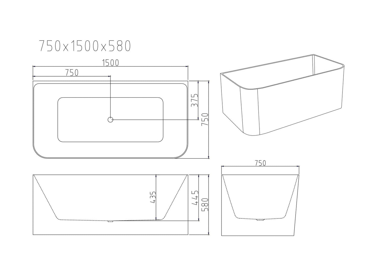 Bullion Ultra-Thin Back-to-Wall Bathtub - Gloss White 1500mm, 1700mm