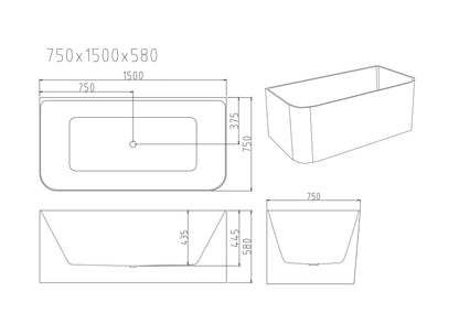 Bullion Ultra-Thin Back-to-Wall Bathtub - Gloss White 1500mm, 1700mm