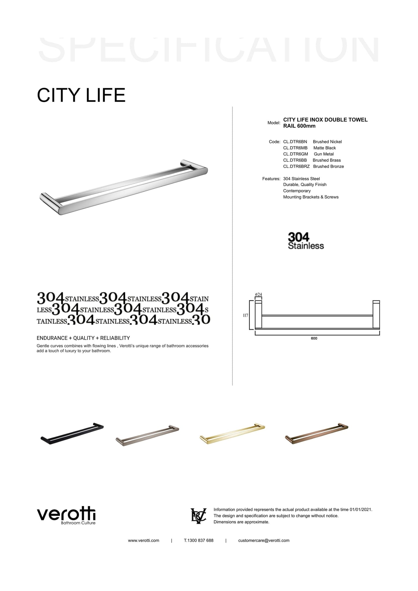 City Life Inox 600mm Double Towel Rail