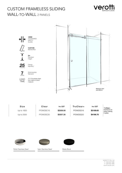 Custom Frameless Sliding Wall-To-Wall (2 Panels)