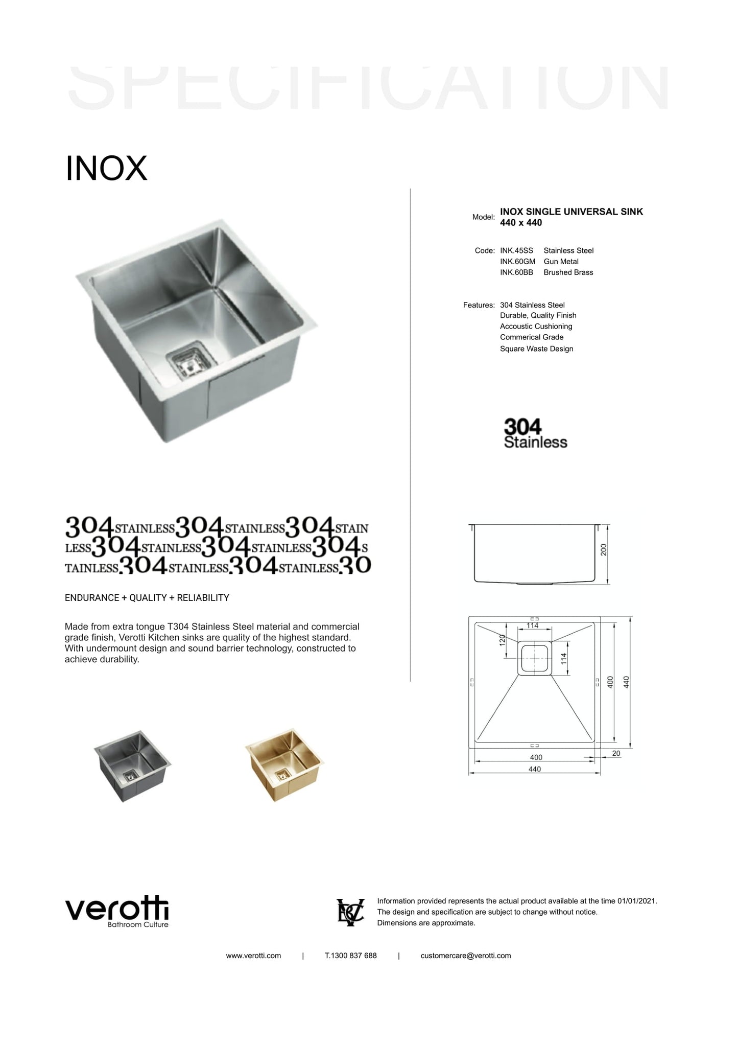 INOX SINGLE UNIVERSAL SINK 440 x 440