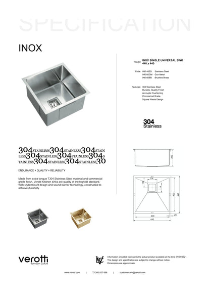 INOX SINGLE UNIVERSAL SINK 440 x 440