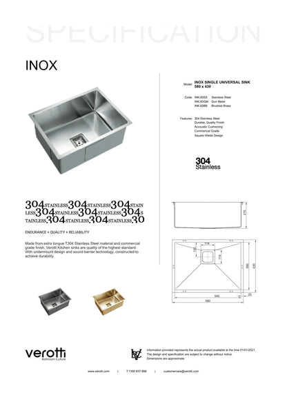 INOX SINGLE UNIVERSAL SINK 580 x 430