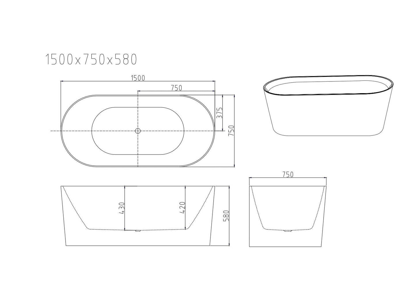 ISEO Freestanding Bathtub - Gloss White 1300mm, 1400mm, 1500mm, 1600mm, 1700mm