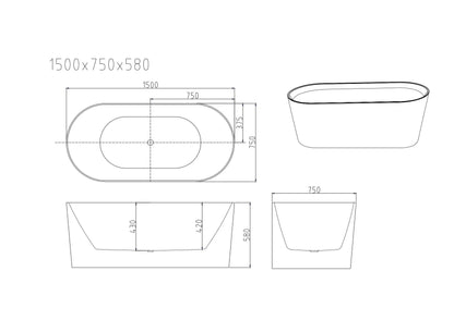 ISEO Freestanding Bathtub - Gloss White 1300mm, 1400mm, 1500mm, 1600mm, 1700mm