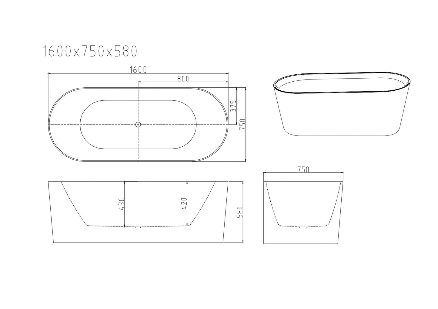 ISEO Freestanding Bathtub - Gloss White 1300mm, 1400mm, 1500mm, 1600mm, 1700mm