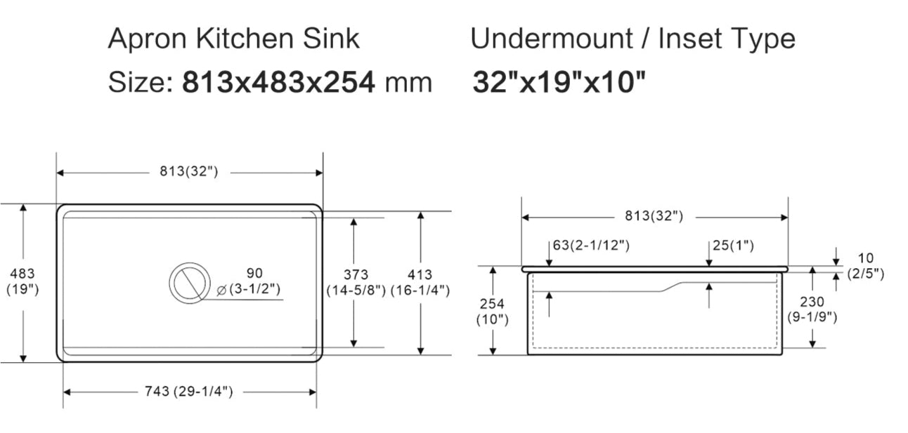 Vorona Fireclay Inset/Undermount Sink 813mm x 483mm x 255mm