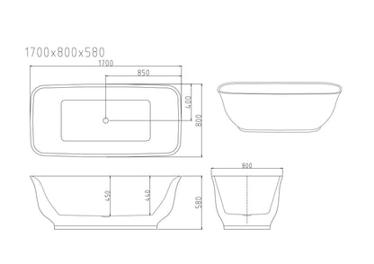 Libra Freestanding Bathtub - Gloss White 1700mm x 800mm x 580mm