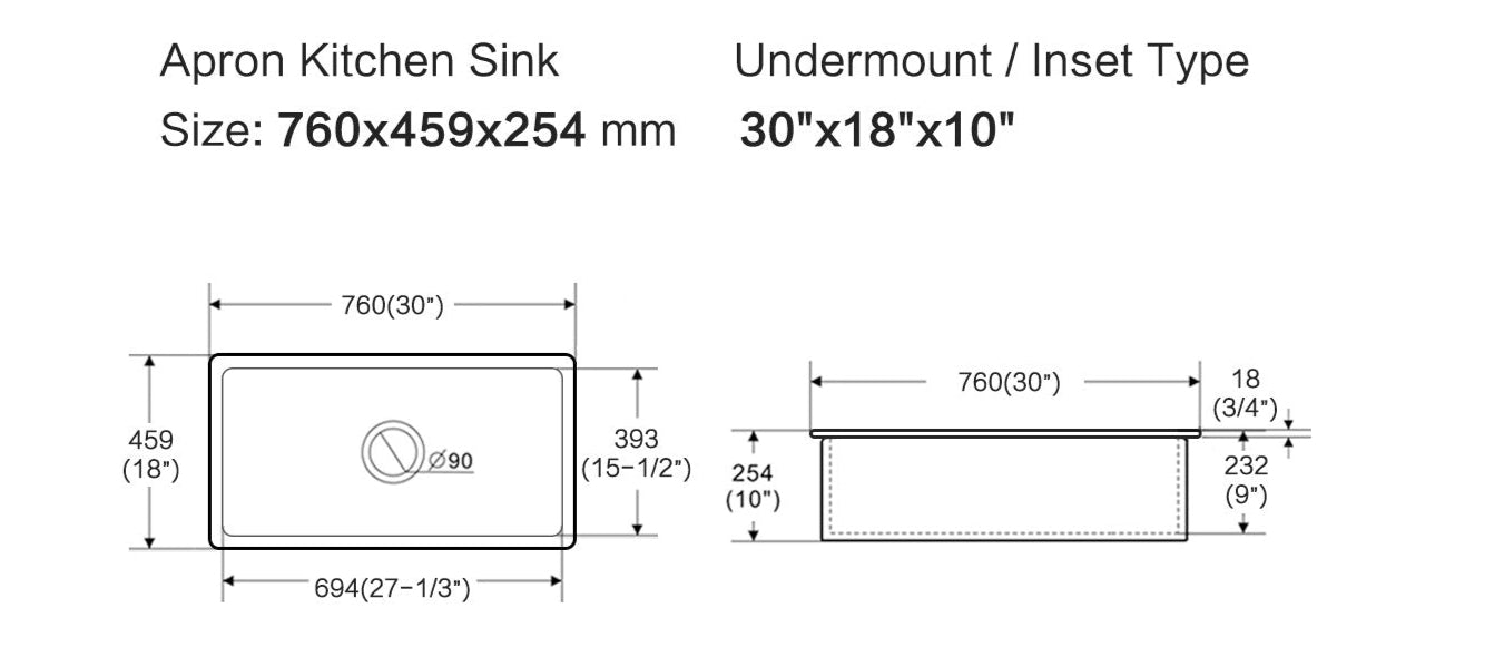 Procida Fireclay Inset/Undermount Sink 760mm x 459mm x 254mm
