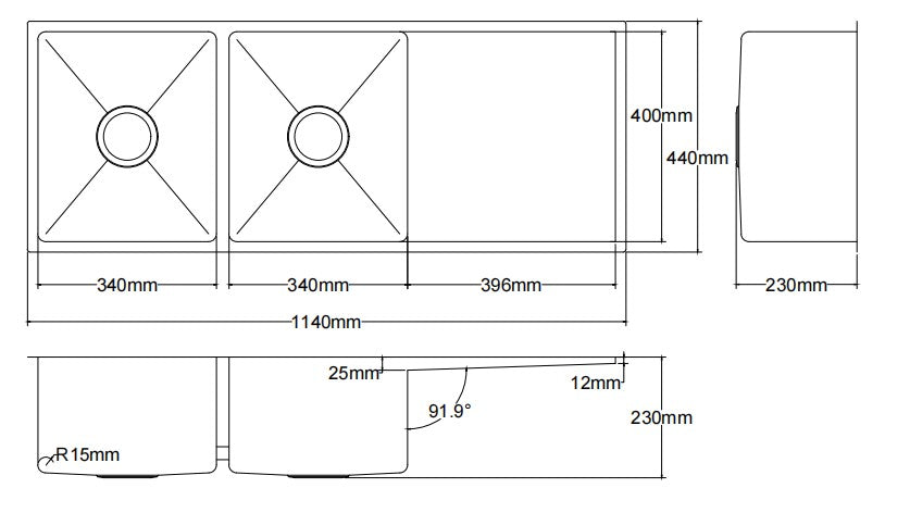 Kliff Hand Made Stainless Steel Double Bowl Sink - 1140mm x 440mm x 230mm