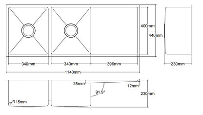 Kliff Hand Made Stainless Steel Double Bowl Sink - 1140mm x 440mm x 230mm