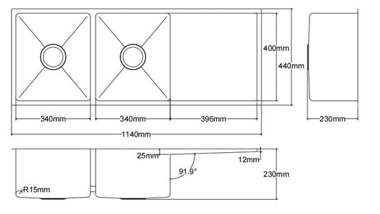 Kliff Hand Made Stainless Steel Double Bowl Sink - 1140mm x 440mm x 230mm