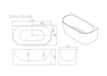 Musen Ultra-Thin Back-to-Wall Bathtub - Gloss White 1400mm, 1500mm, 1700mm