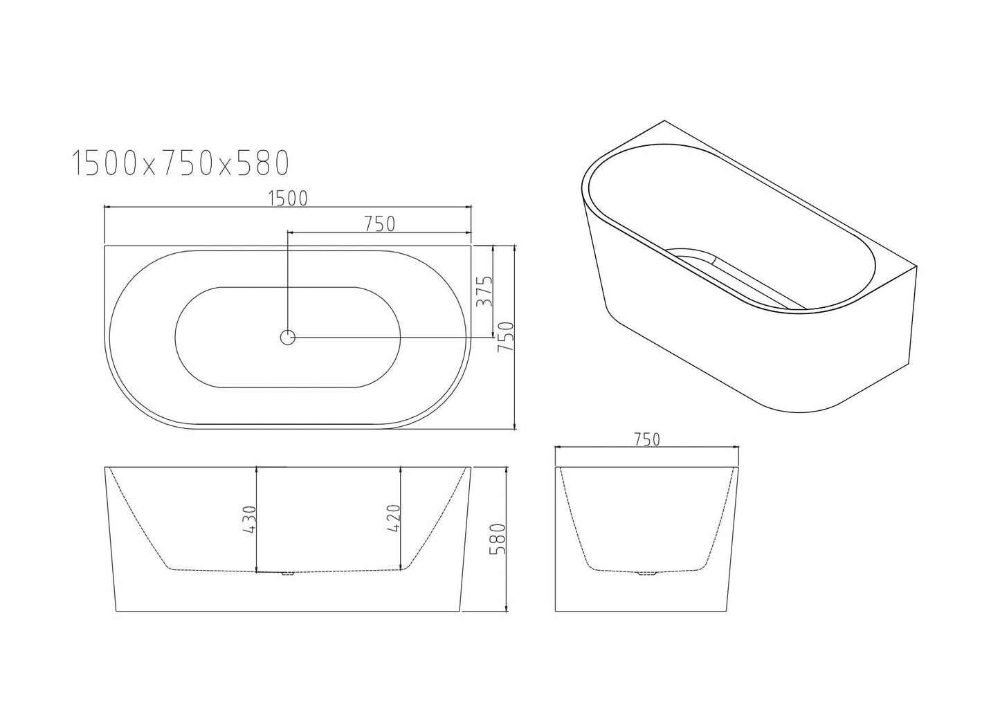 Musen Ultra-Thin Back-to-Wall Bathtub - Gloss White 1400mm, 1500mm, 1700mm