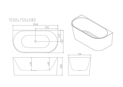 Musen Ultra-Thin Back-to-Wall Bathtub - Gloss White 1400mm, 1500mm, 1700mm