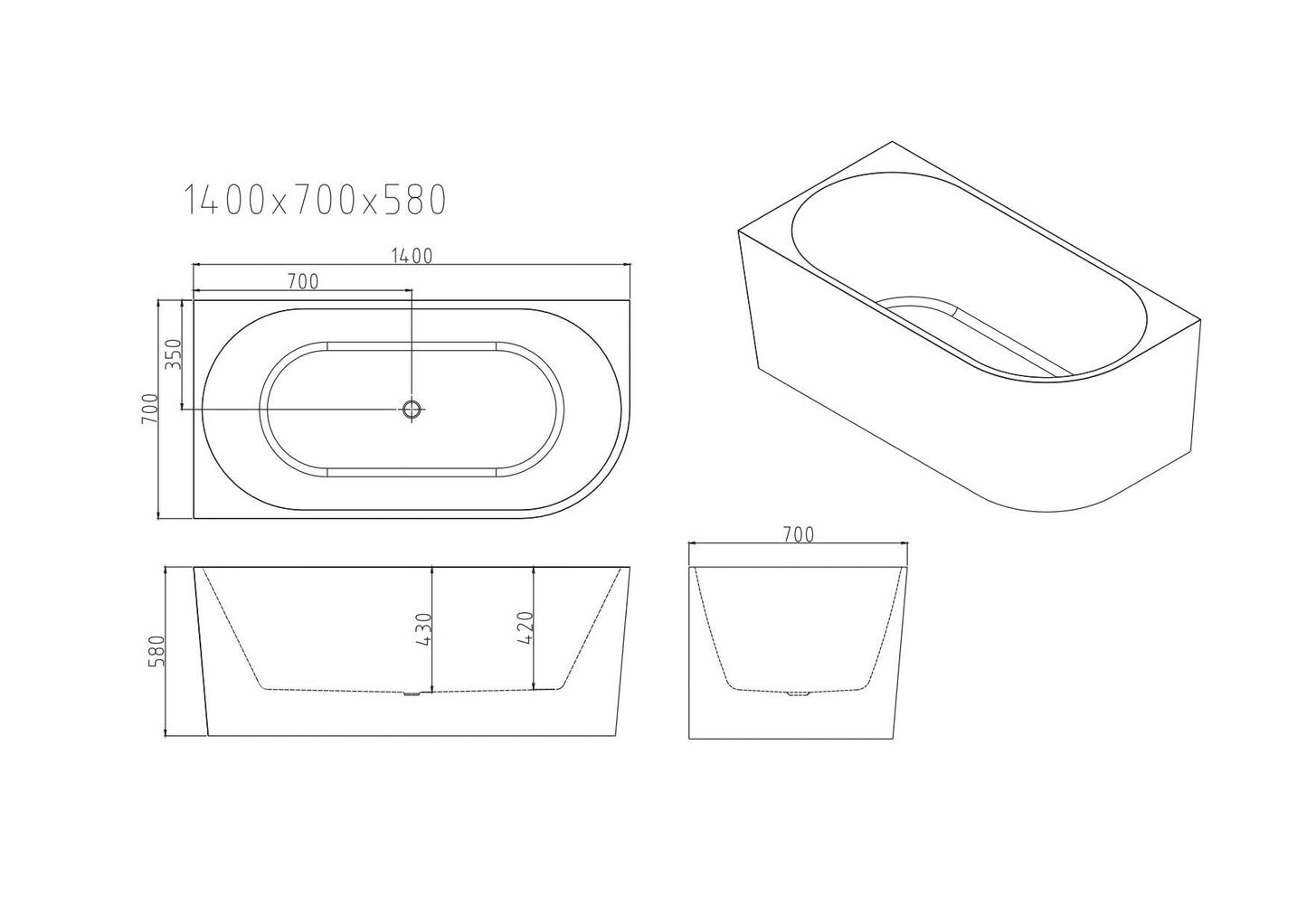 Nova Ultra-Thin Corner Bathtub - Gloss White 1400mm, 1500mm, 1700mm
