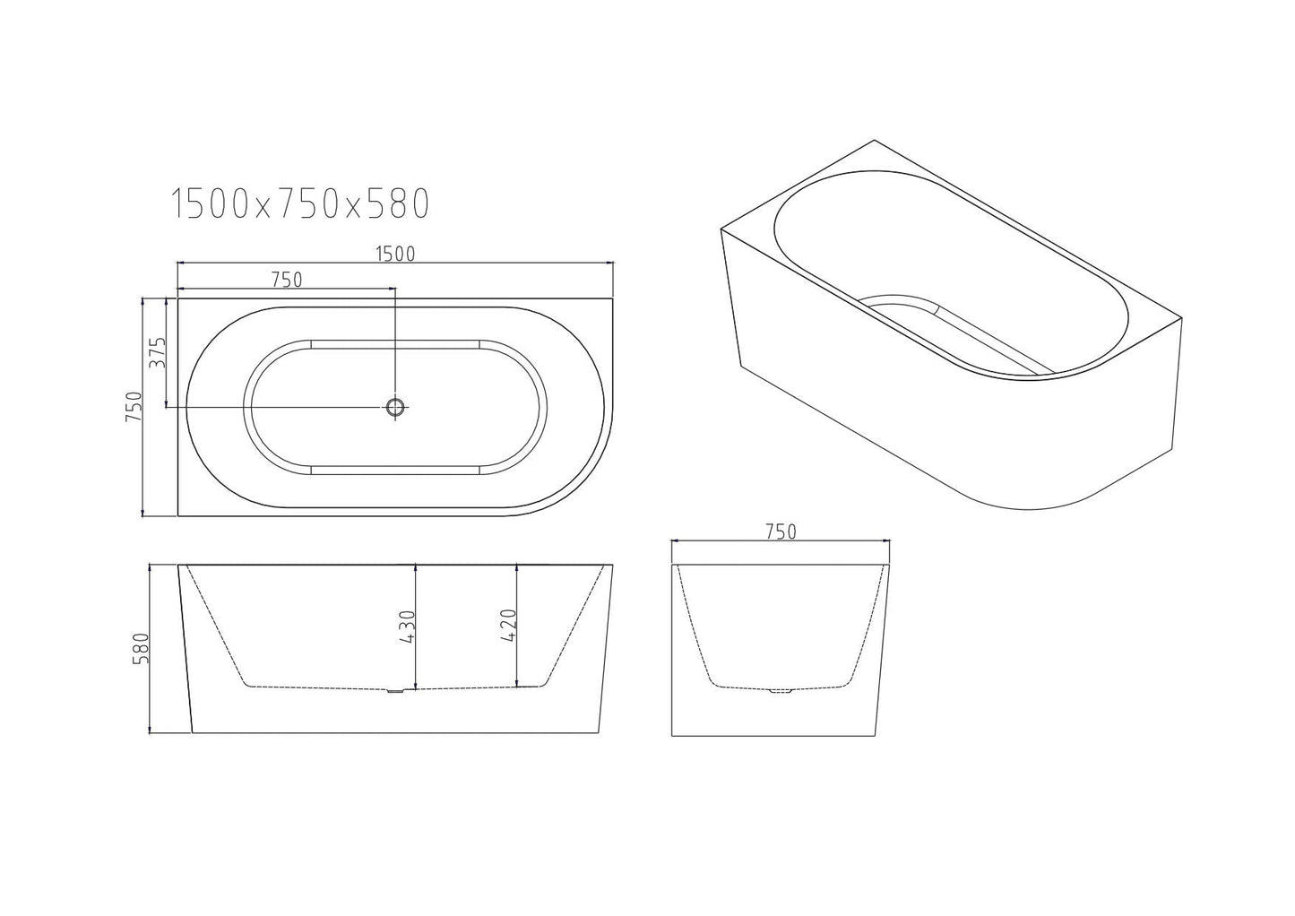 Nova Ultra-Thin Corner Bathtub - Gloss White 1400mm, 1500mm, 1700mm