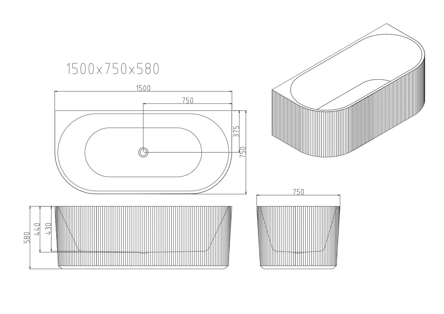 Rose Fluted Back-to-Wall Bathtub - Matt White 1500mm, 1700mm