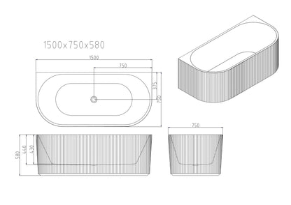 Rose Fluted Back-to-Wall Bathtub - Matt White 1500mm, 1700mm