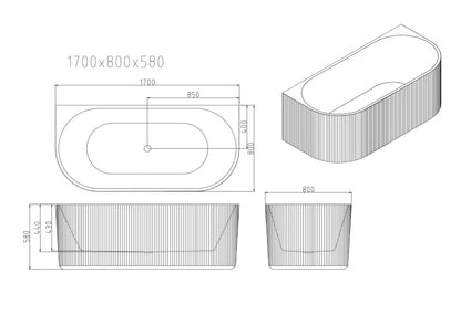 Rose Fluted Back-to-Wall Bathtub - Matt White 1500mm, 1700mm
