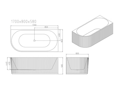 Rose V-Groove Corner Bathtub - Matt White 1500mm, 1700mm