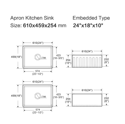 Rocca Fine Fireclay Farm House Buttler Sink 610mm x 459mm x 254mm