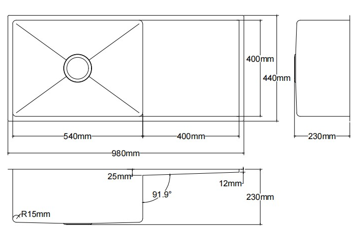 Kliff Hand Made Stainless Steel Sinks - 380mm x 440mm x 230mm