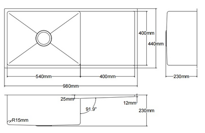 Kliff Hand Made Stainless Steel Sinks - 380mm x 440mm x 230mm