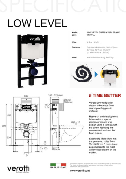 VEROTTI LOW-LEVEL CISTERN & FRAME – FOR WALL HUNG PANS ONLY